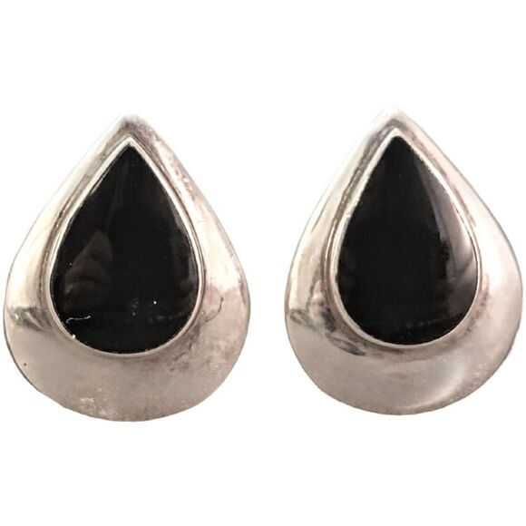 Sterling Silver Black Onyx Cabochon Pear Post Statement Earrings - Picture 1 of 10